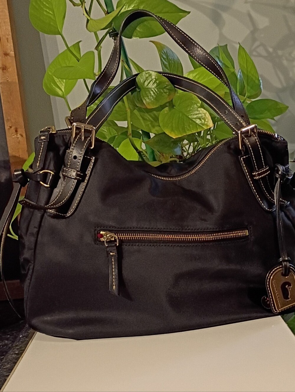 Dooney & Bourke Black Shoulder Tote with Gold Hardware